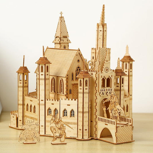 Hallisun 3D puzzle castle house assembly underway on a tidy desk