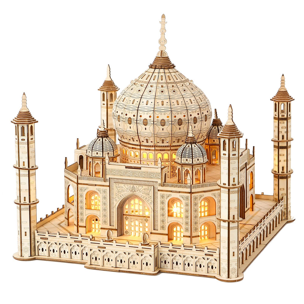 Hallisun Taj Mahal puzzle assembly with wooden pieces ready to fit, perfect for focused crafting.