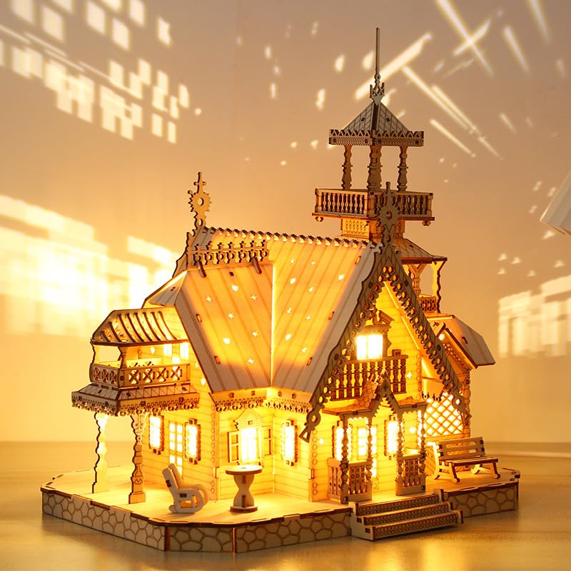 Hallisun villa house puzzle in wood with detailed balconies for a cozy room display.