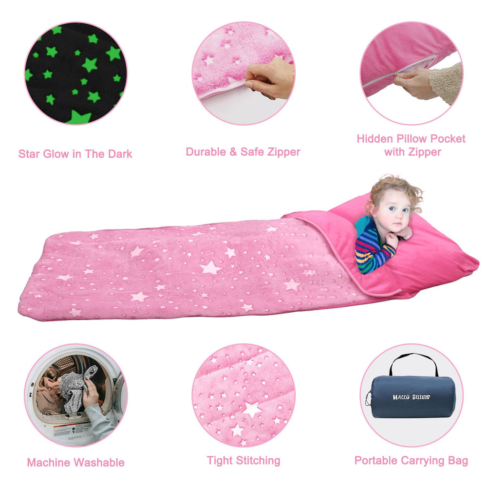 Hallo Bunny 63x29 inches sleeping bag provides roomy comfort for growing kids.