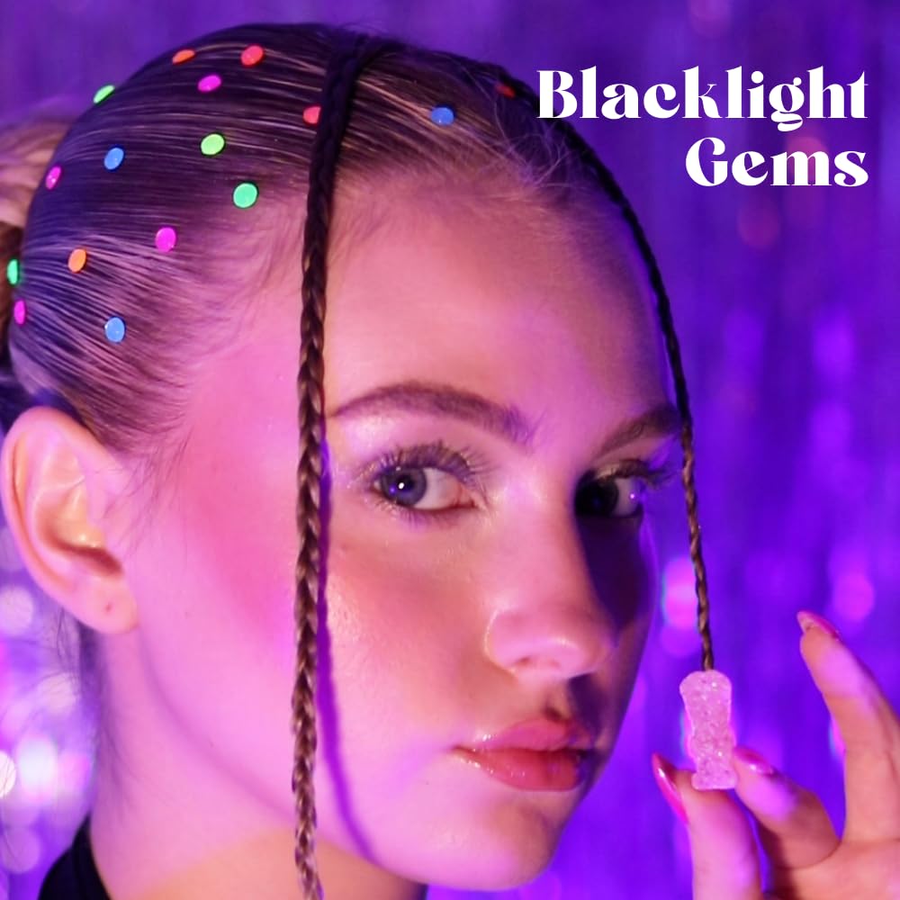 Hally Hair blacklight glow gems add magical shine at parties.