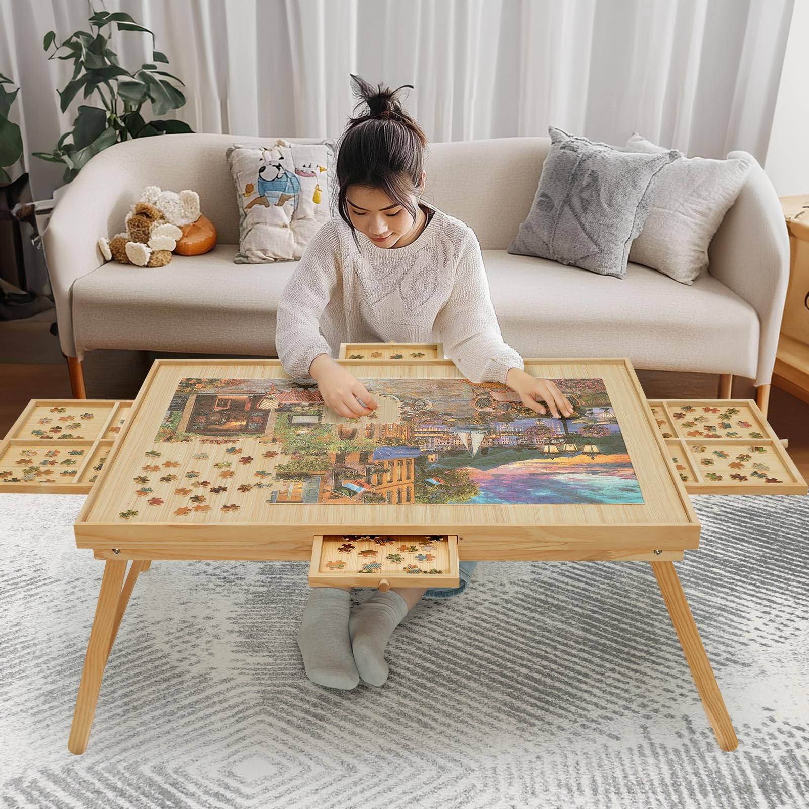 HALLYBEE Puzzle Table surface ready for 1500-piece puzzles with sturdy legs