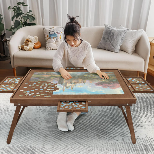 HALLYBEE puzzle table with 1500-piece wooden board for organized play.