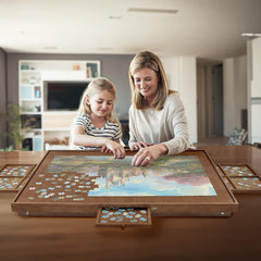HALLYBEE puzzle table drawers with seed buckles keep pieces sorted.