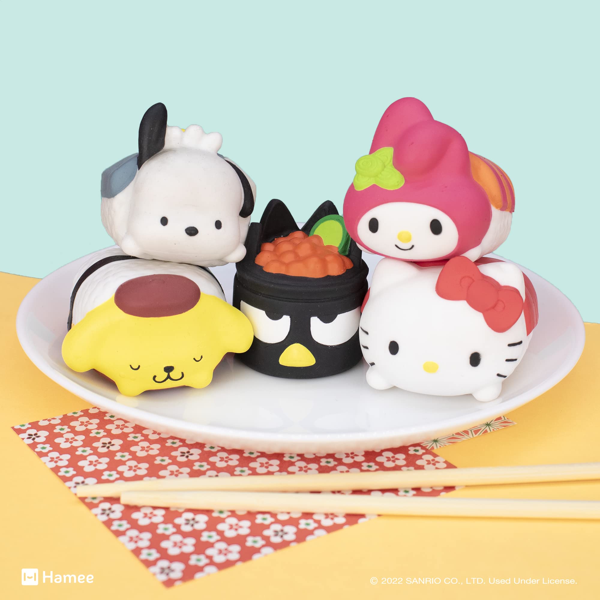 Badtz-maru sushi squishy capsule by Hamee, playful collectible for shelves.
