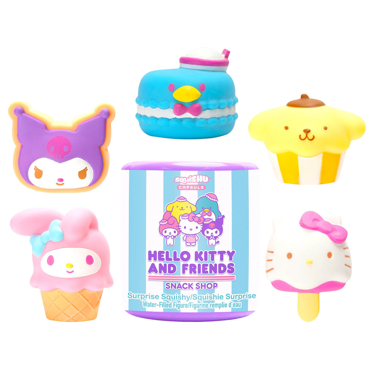 Hamee Sanrio Hello Kitty squishu capsule toy with snack-themed design for desk stress relief