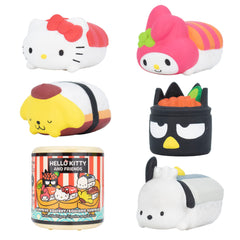 Hamee Hello Kitty sushi squishy capsule close-up, soft and colorful for desk display.