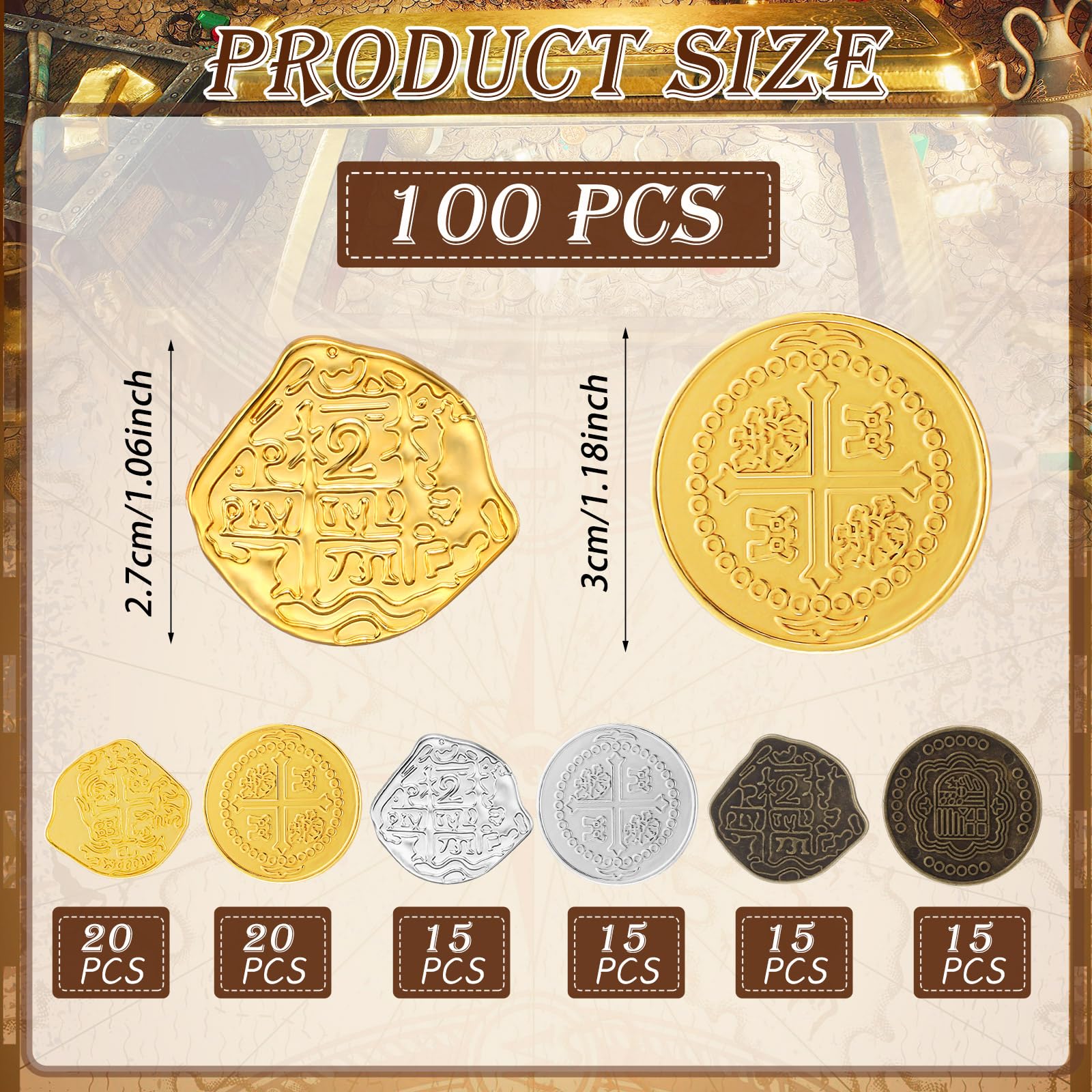 Hanaive 100-piece metal pirate coins for treasure hunts and cosplay
