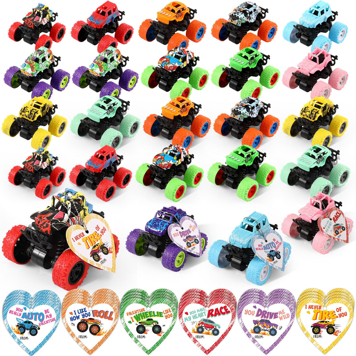 Hanaive 24-pack valentines monster trucks for kid-friendly gift sets