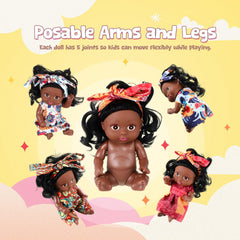 Dresses and outfits on Hanaive black-style dolls highlight African-inspired design.