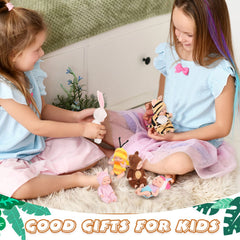 Hanaive mini baby doll wearing giraffe outfit supports imaginative dress-up.