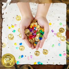 Hanaive treasure chest display with coins and gems for themed decor.