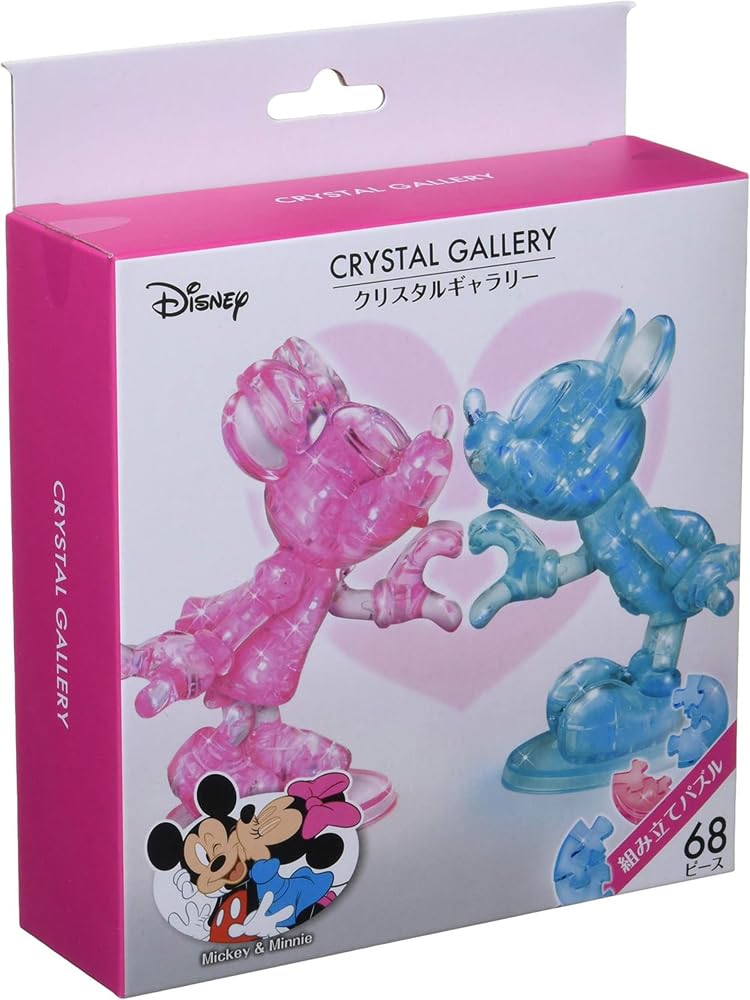 Hanayama Crystal Gallery Mickey & Minnie assembled figure on a sparkling shelf display.