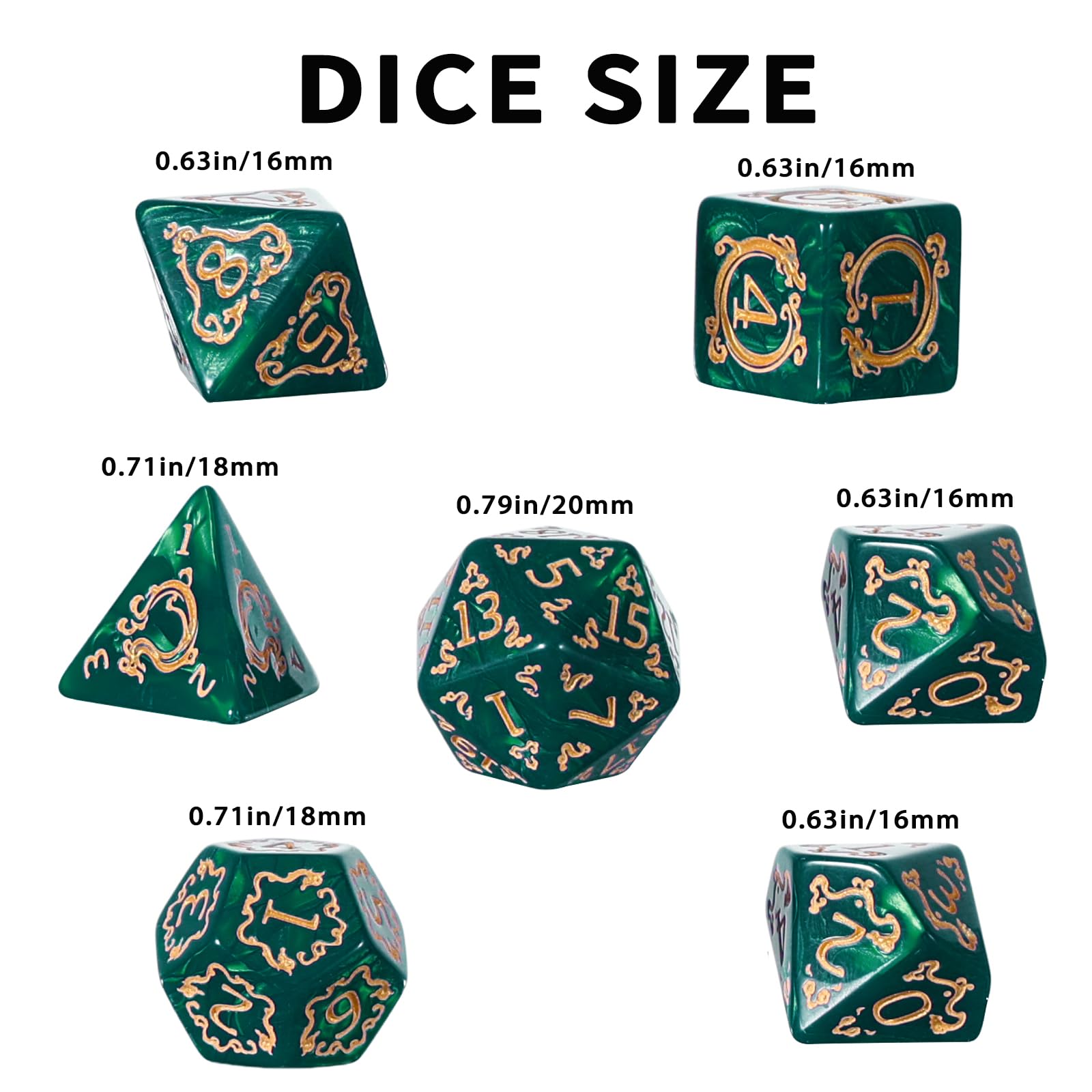 Handan DND dice detail close-up showing gold dragon pattern on green pearl.