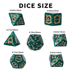 Handan DND dice detail close-up showing gold dragon pattern on green pearl.