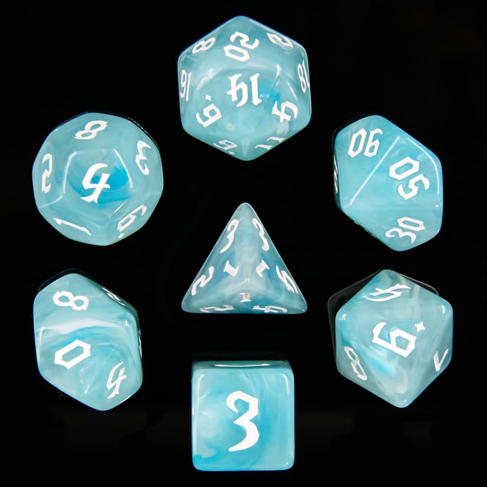 Handan DND dice, white numerals on dark swirls, quick readability during turns.
