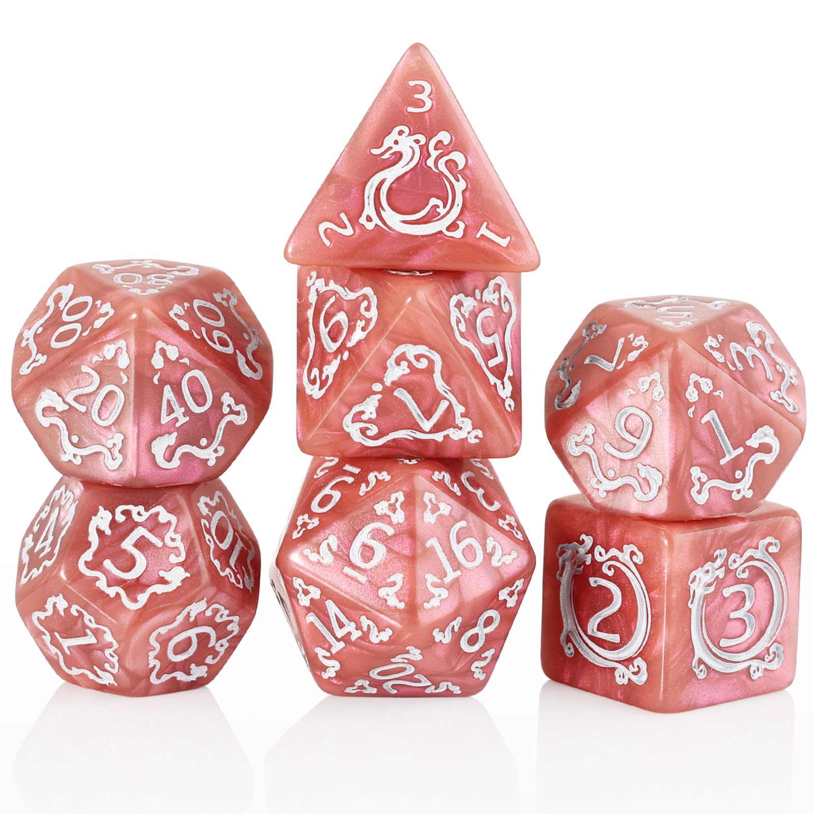Handan DND dice in pinkish brown pearl with gold dragon pattern for premium RPG visuals.