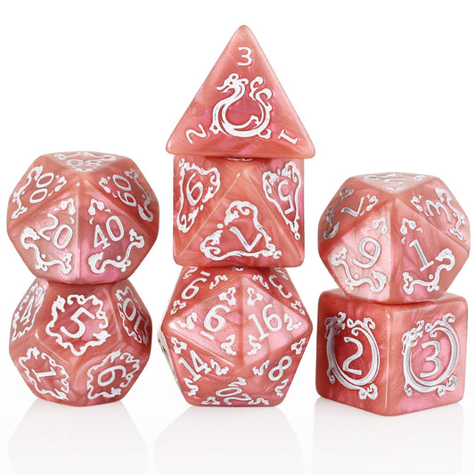 Handan DND dice in pinkish brown pearl with gold dragon pattern for premium RPG visuals.