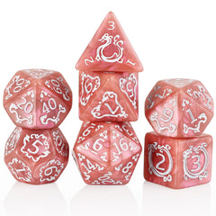 Handan DND dice in pinkish brown pearl with gold dragon pattern for premium RPG visuals.