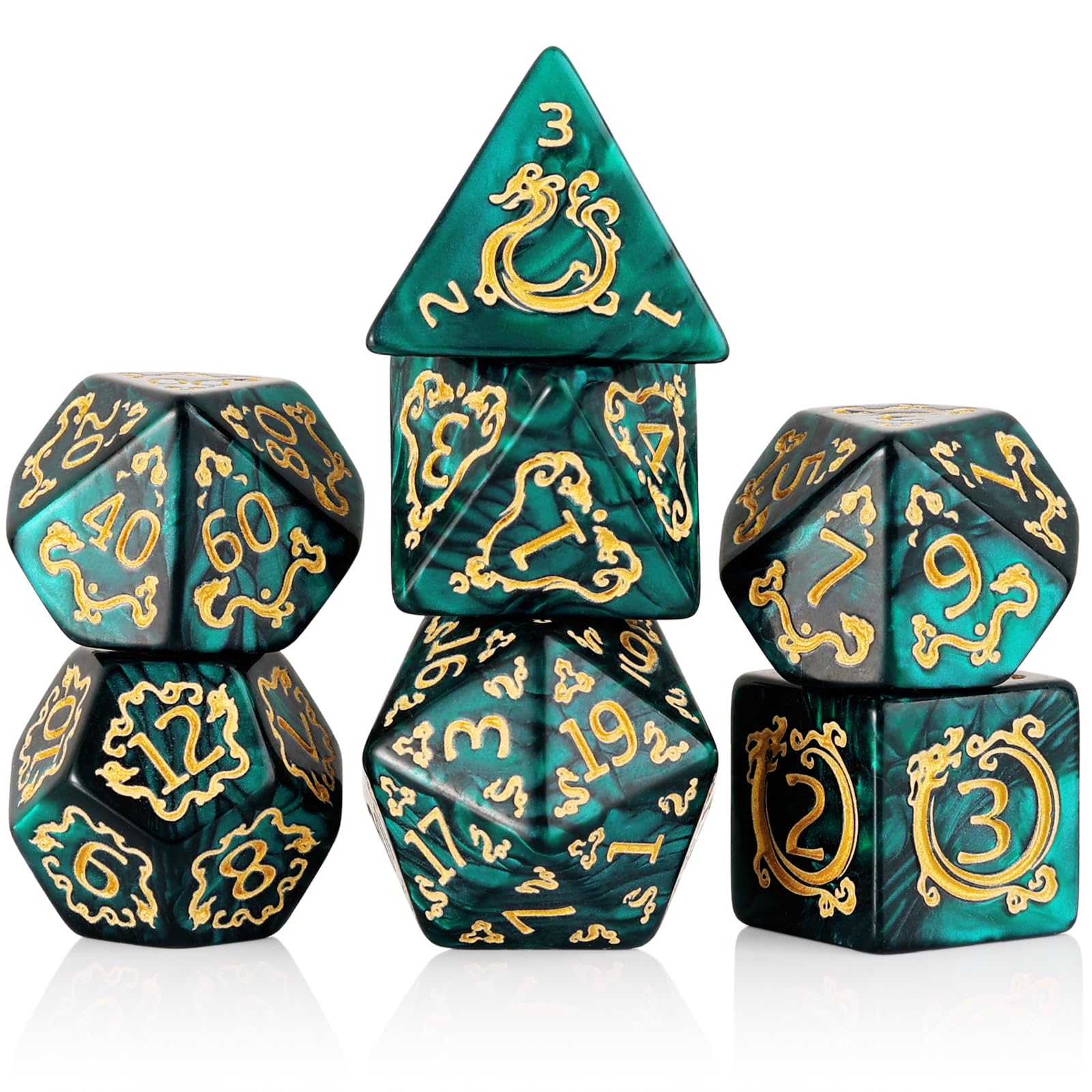 Handan DND dice set with green pearl and gold dragons for balanced rolls.