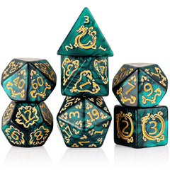 Handan DND dice set with green pearl and gold dragons for balanced rolls.