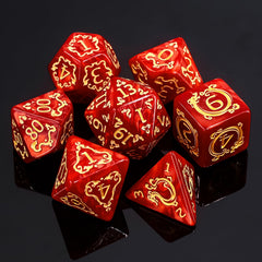 Handan DND dice set with red pearl finish highlighted as collectible aesthetic for tabletop.