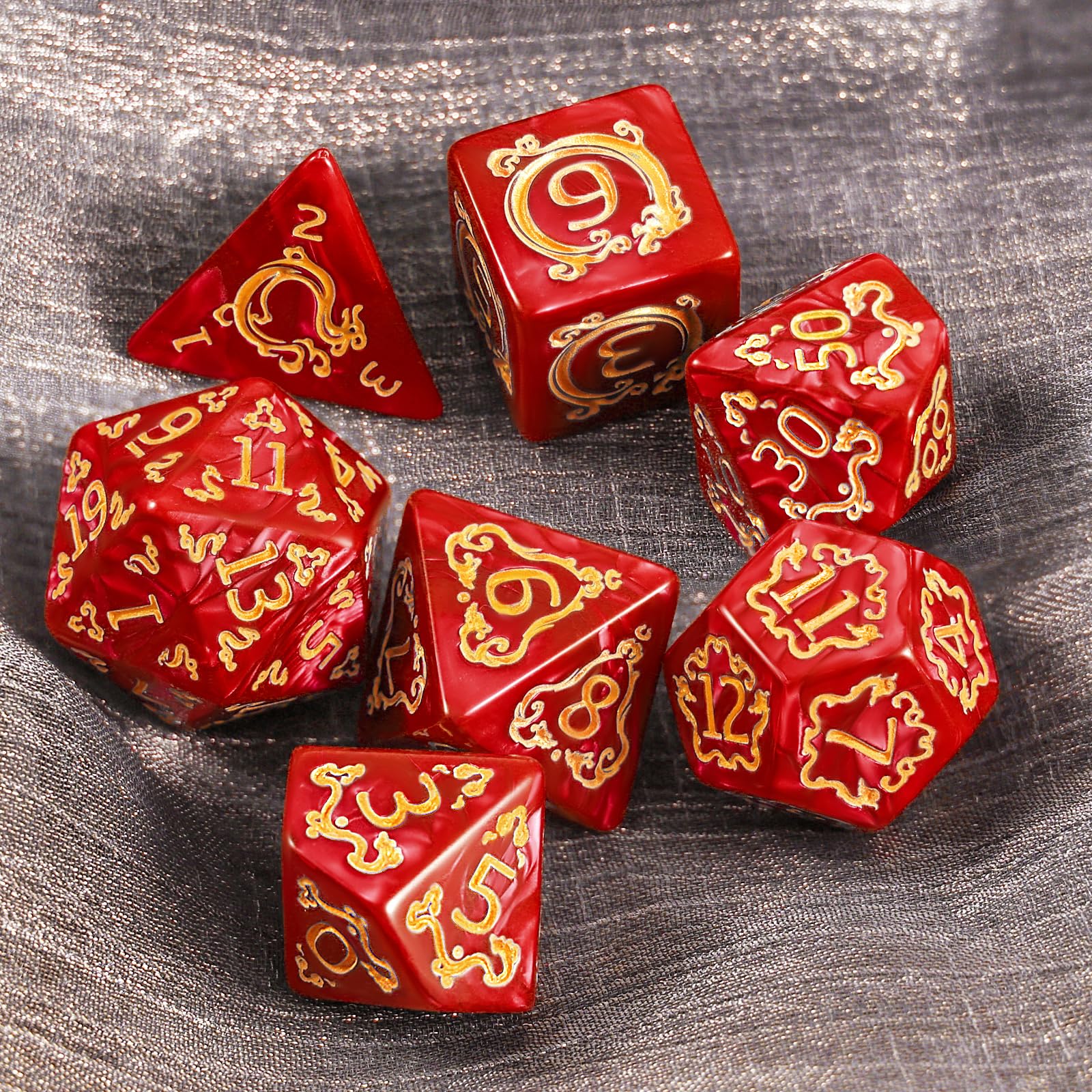 Handan DND dice set top view highlights crystal-like red pearl and dragon motif.