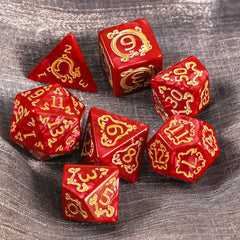 Handan DND dice set top view highlights crystal-like red pearl and dragon motif.