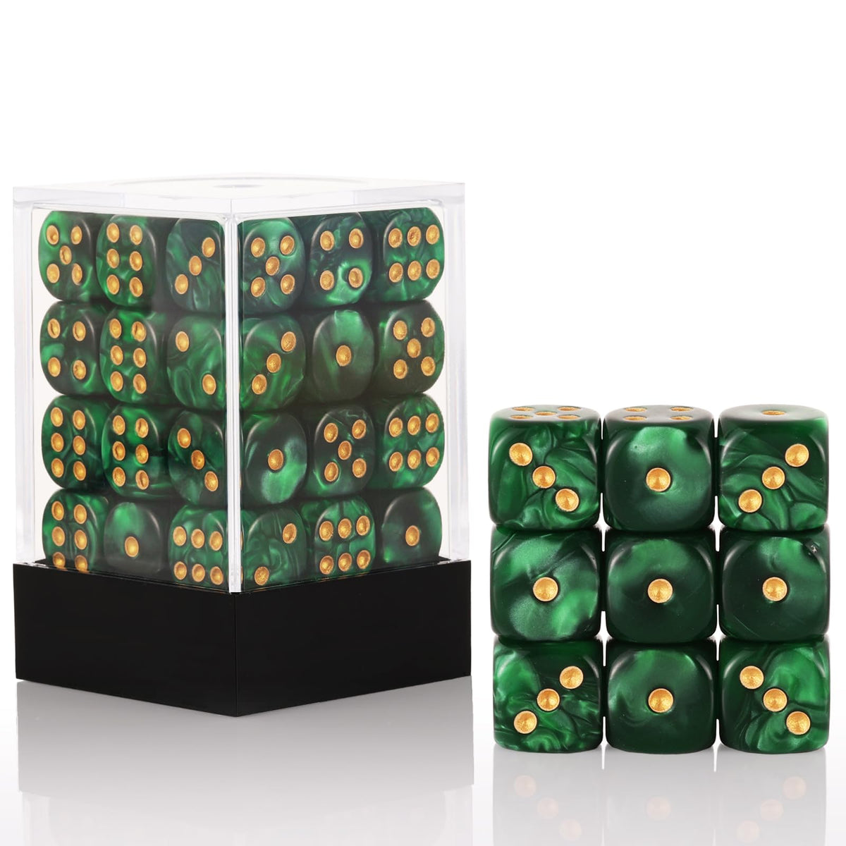 Handan pearl dice in green box for portable, organized game storage.
