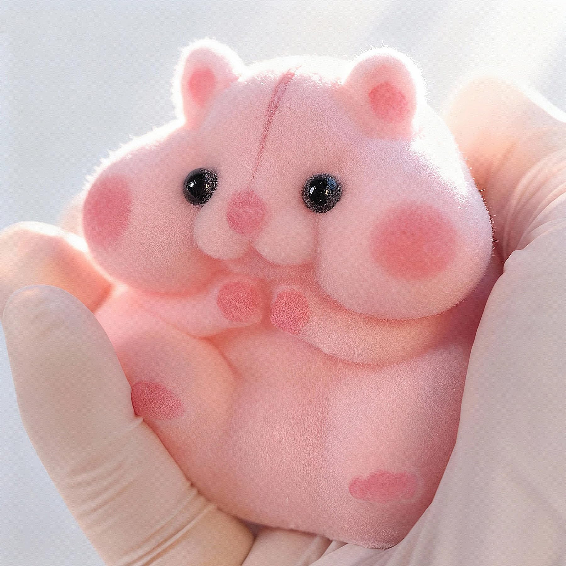 Handmade Taba Squishy Hamster Toy pink side view, fluffy coating and realistic shape.