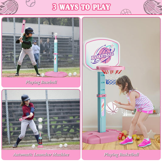 Handwell 3-in-1 hoop and tee ball side view in pink height-adjustable concept.