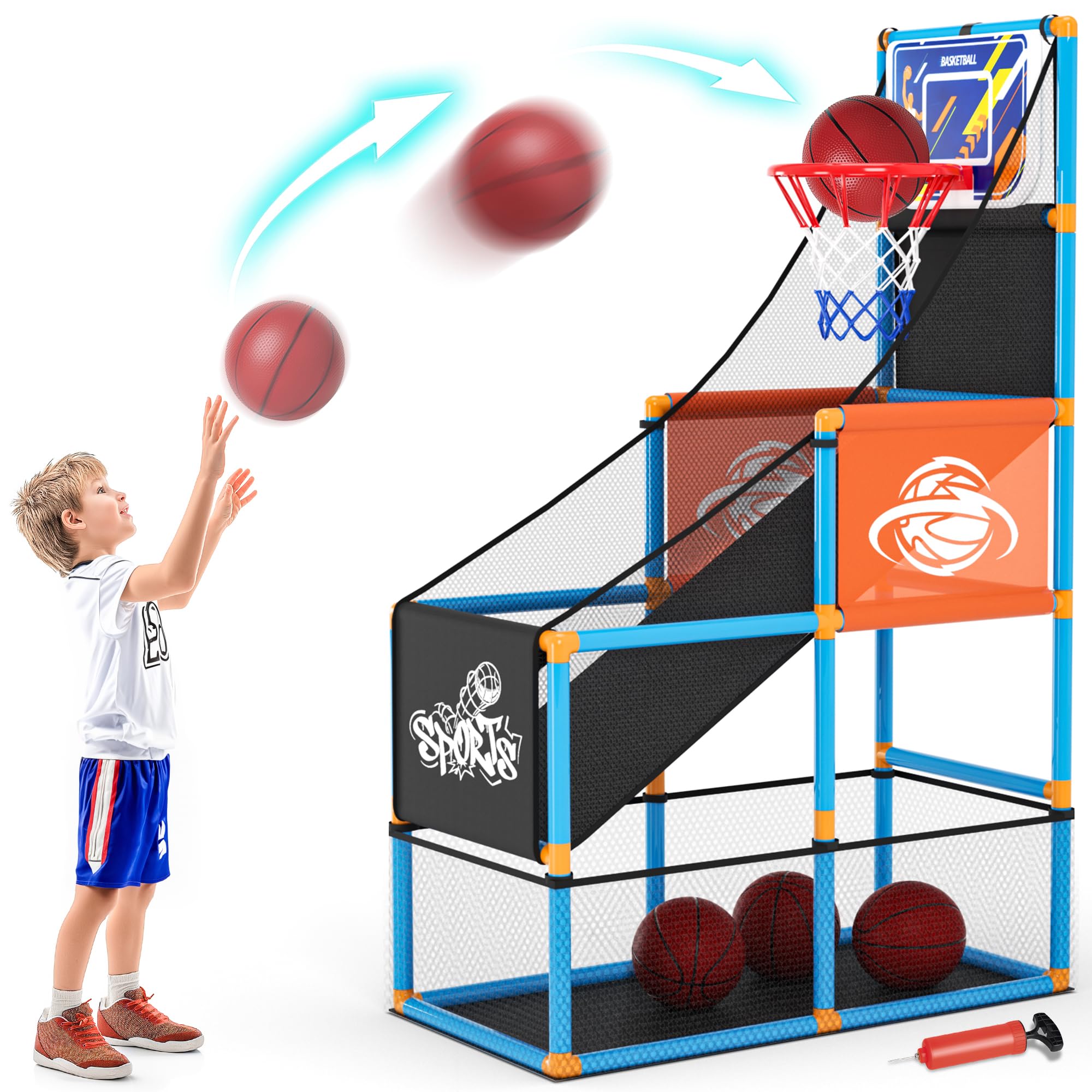 Handwell arcade basketball hoop stand enables durable indoor play.