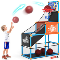 Handwell arcade basketball hoop stand enables durable indoor play.