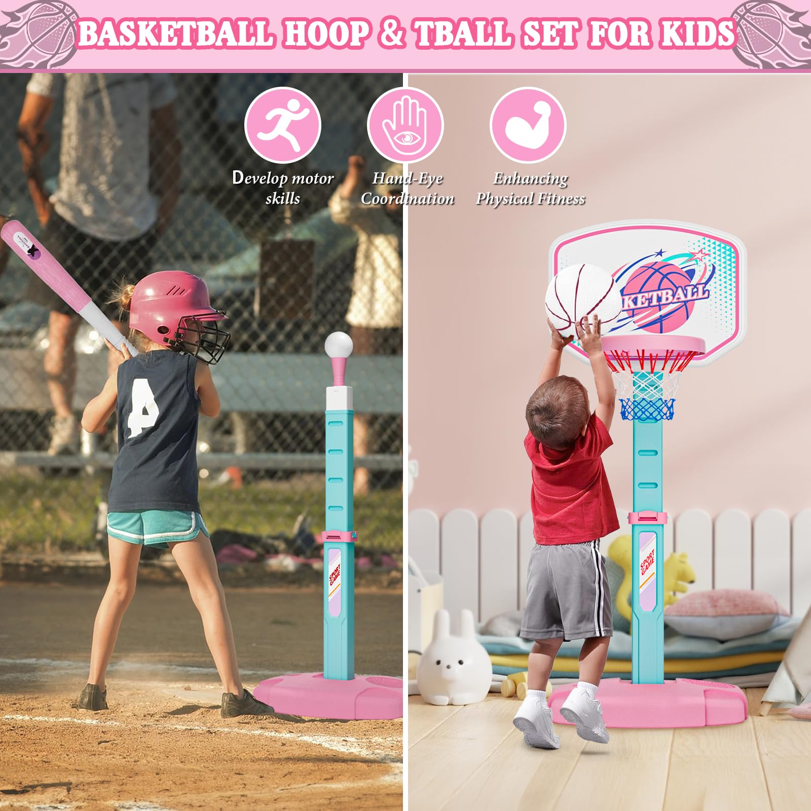 Handwell baseball tee stand adjustable height for growing kids, pink design.