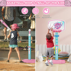 Handwell baseball tee stand adjustable height for growing kids, pink design.