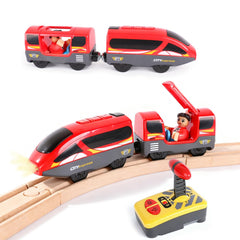 Hanqiann battery-operated train head locomotive on wooden track for imaginative play