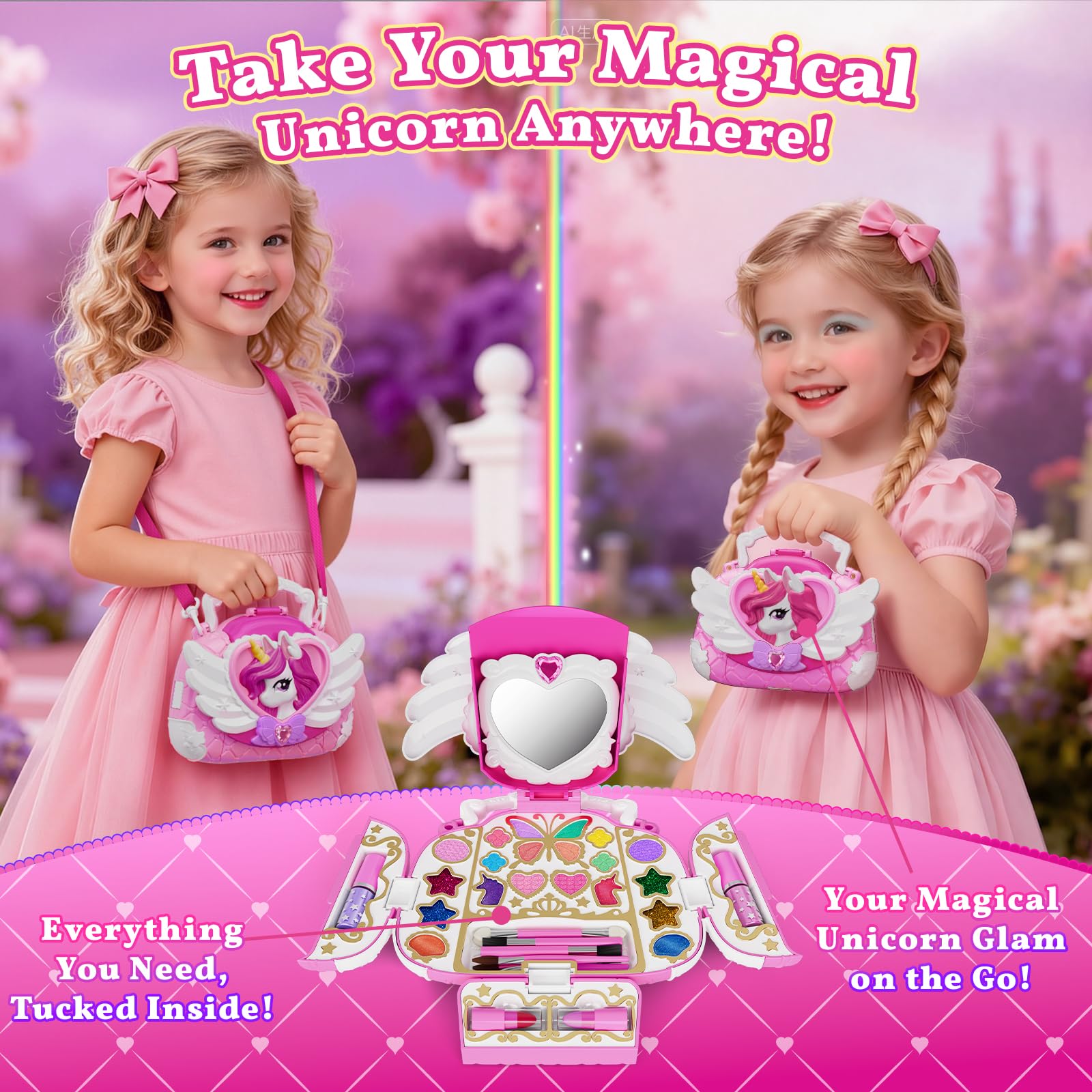 Hanroni unicorn purse with pink shoulder strap for on-the-go makeup fun.