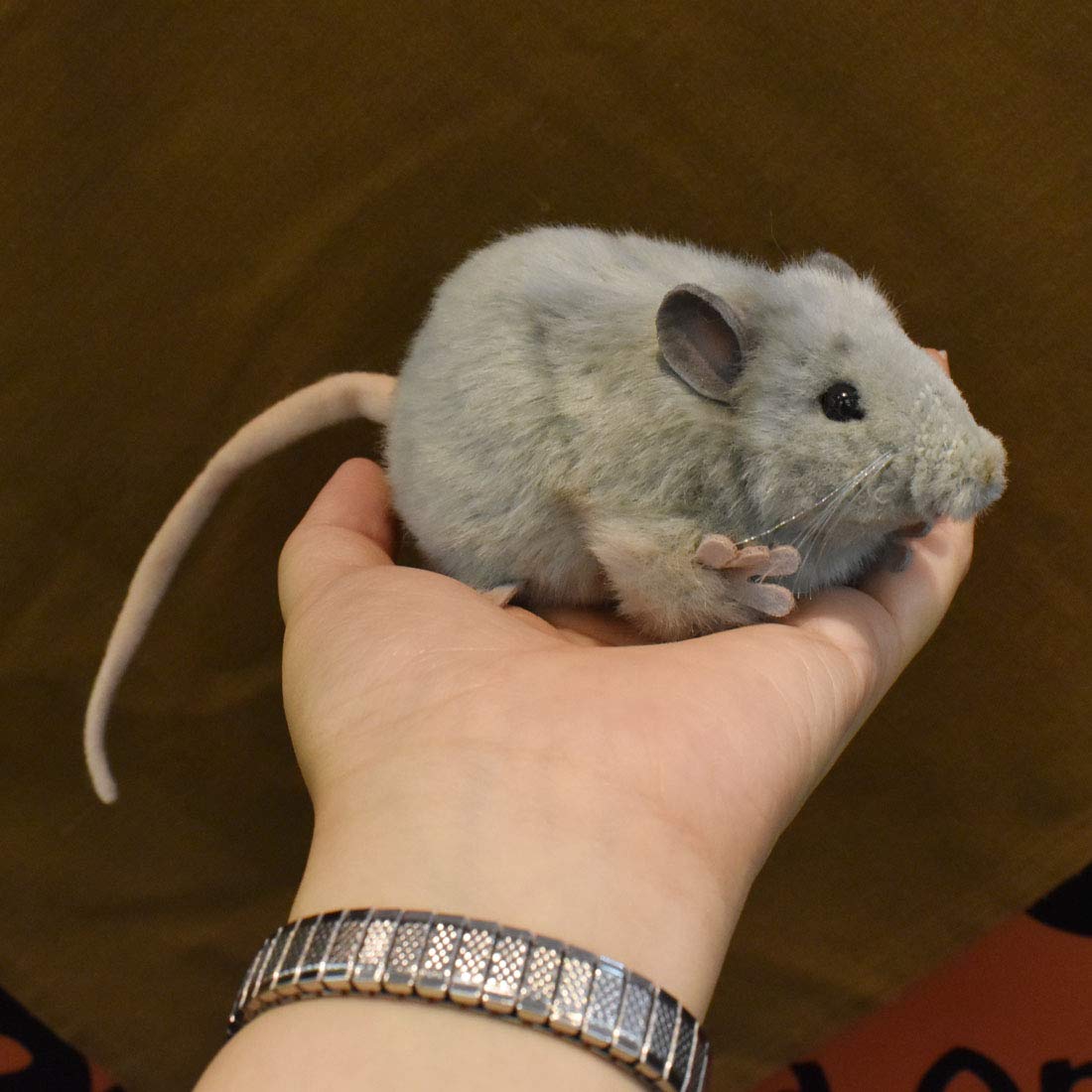 Hansa Gray Mouse hand-sewn face detail enhances lifelike charm during playtime.