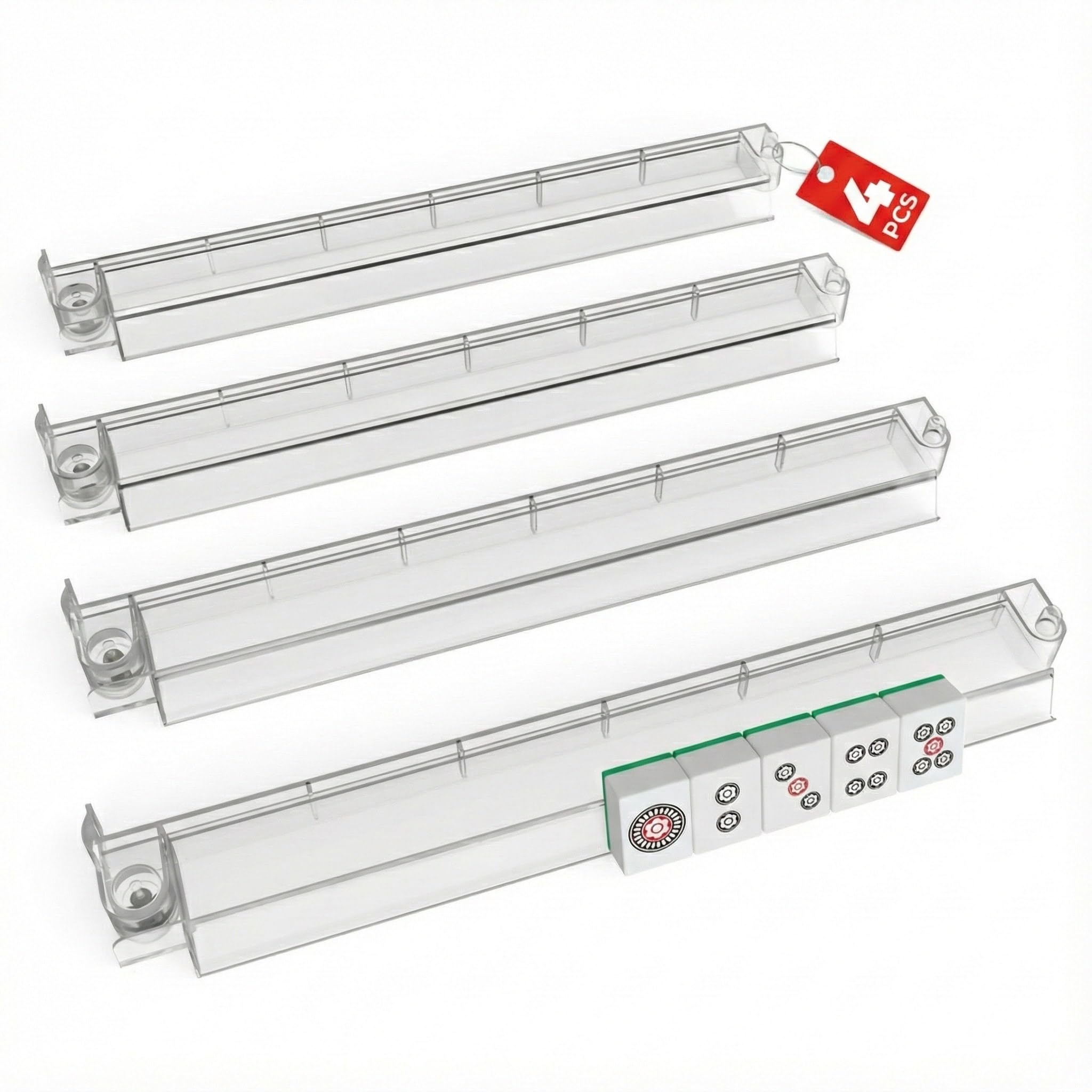 HANUSTARS premium mahjong racks with pushers in clear acrylic for clear tile visibility.