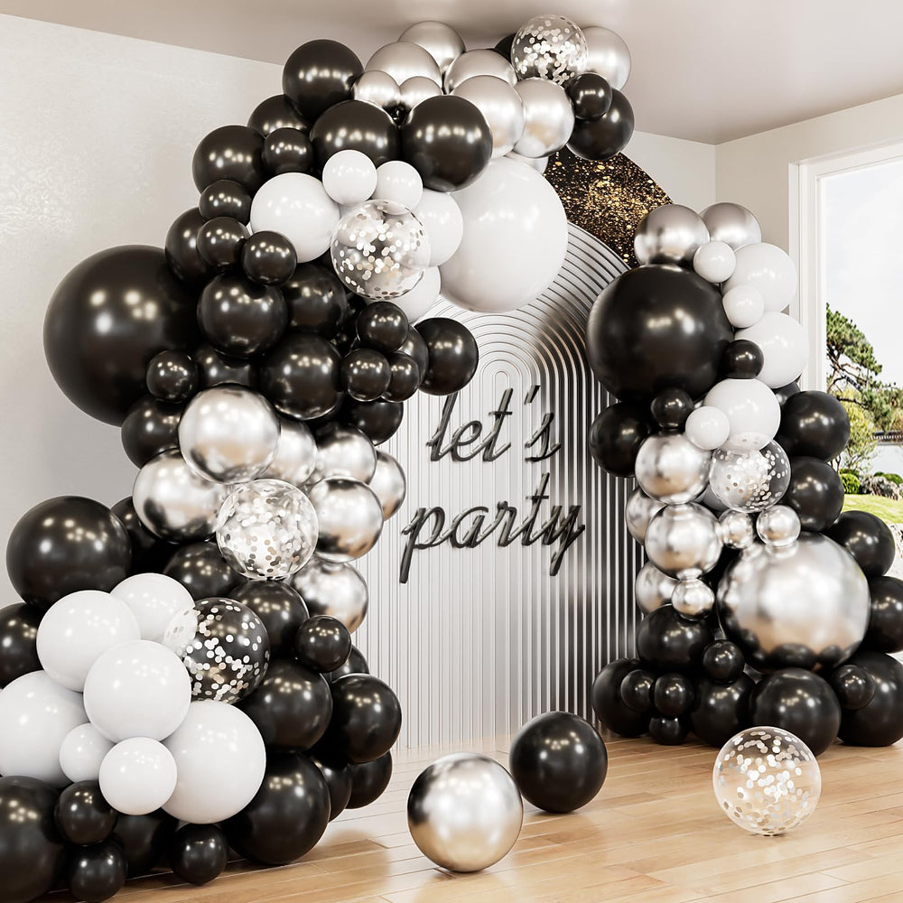 Haolongfa black and silver balloon arch kit for an elegant party backdrop.