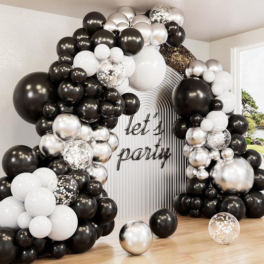 Haolongfa black and silver balloon arch kit for an elegant party backdrop.