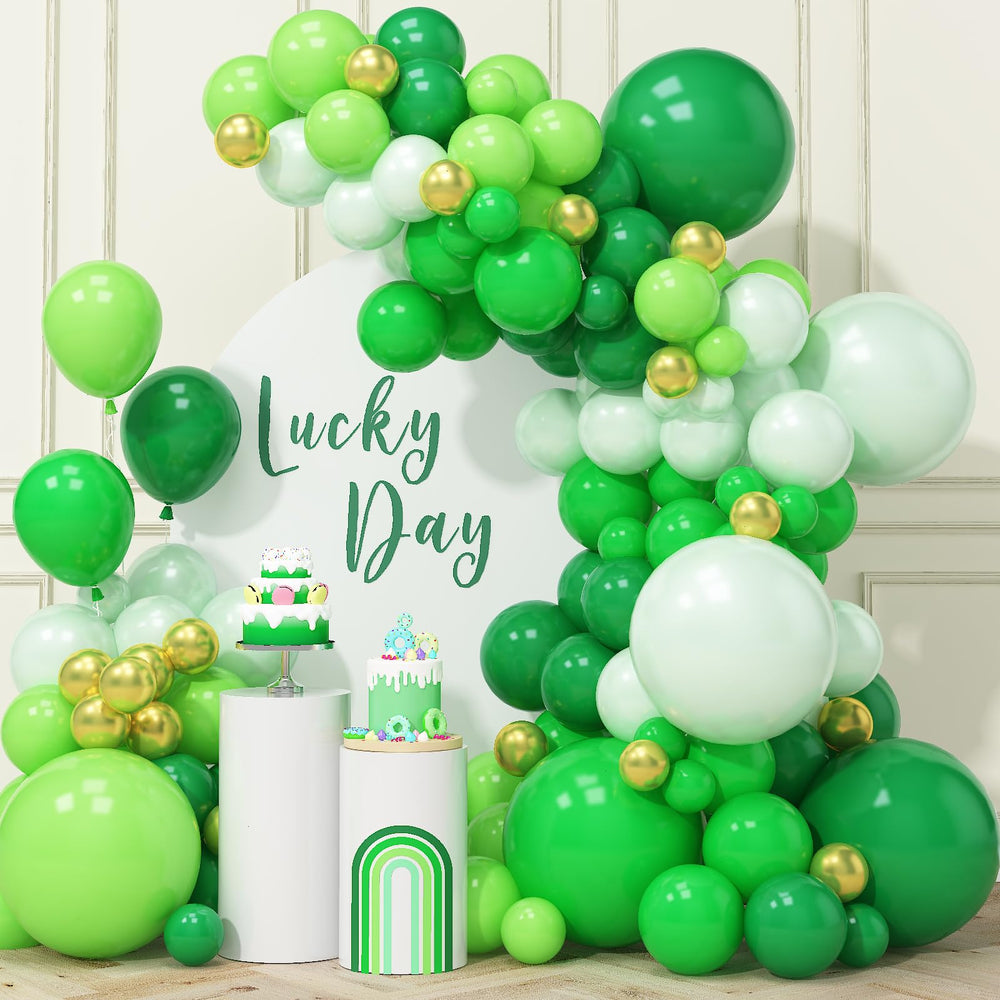 Haolongfa green balloon arch kit, 131 pieces, forest and gold tones for elegant decor.