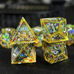 HAOMEJA d4-stained-glass-dice close shot emphasizes translucent warm tones.