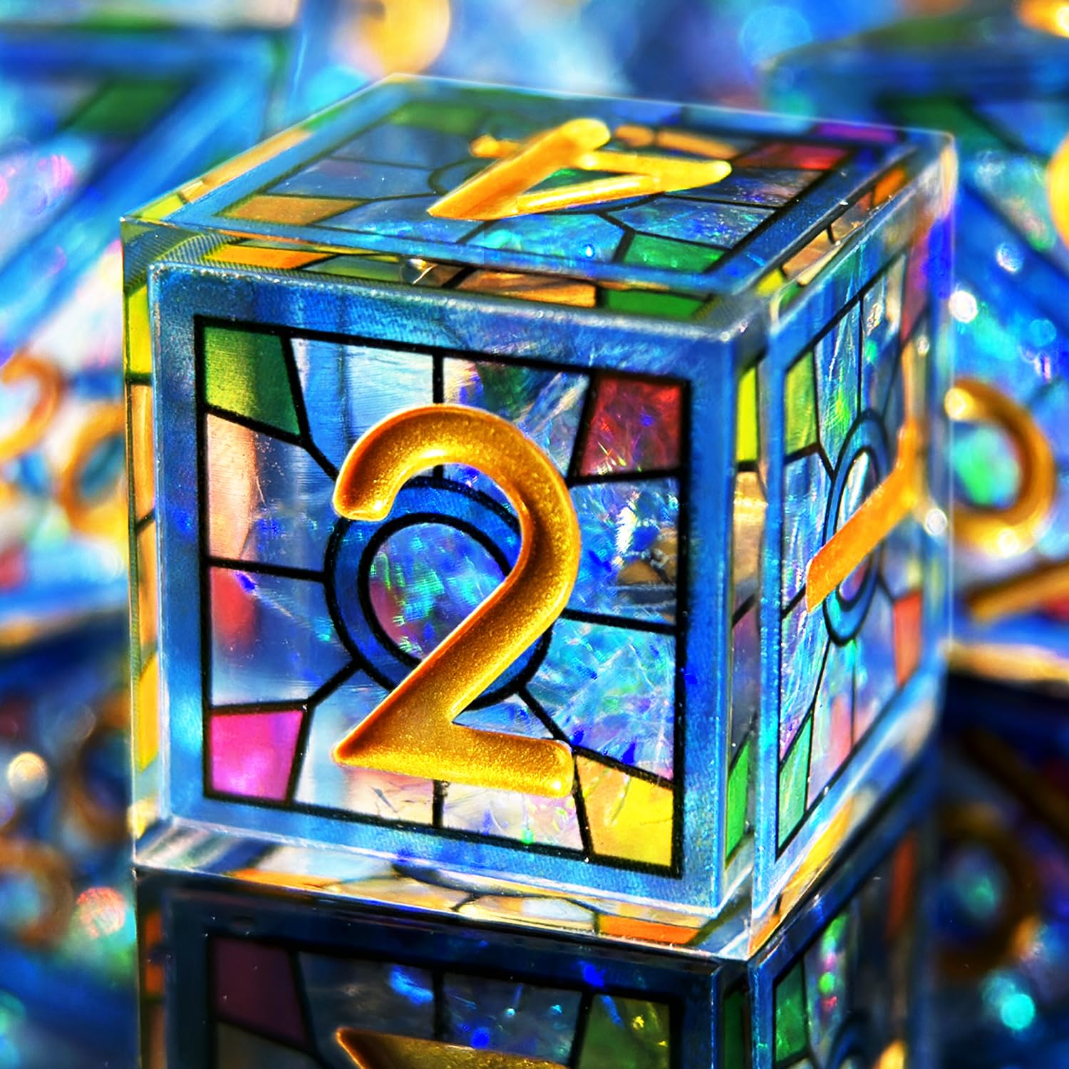 HAOMEJA dice set stained glass blue closeup showcases vivid light play for RPG sessions
