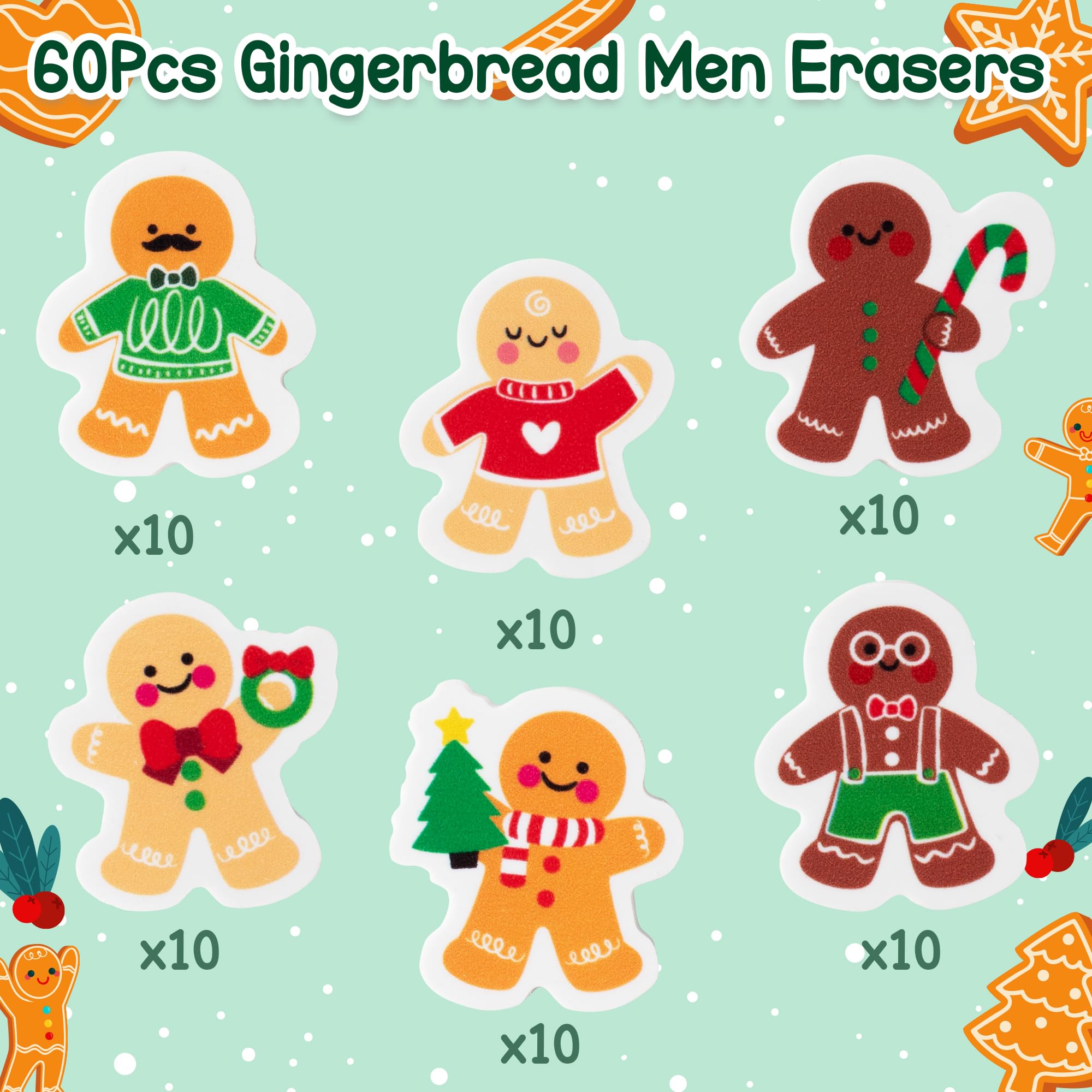 Haooryx gingerbread erasers feature six designs for crafts and gifts.