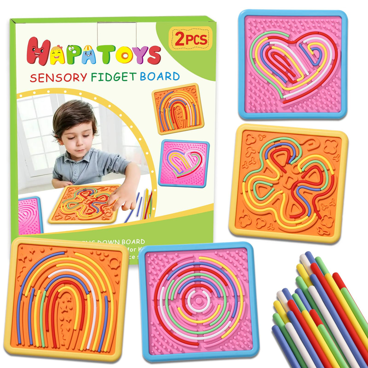 HAPATOYS sensory activity board front view with dual-texture surfaces for calm sensory play.