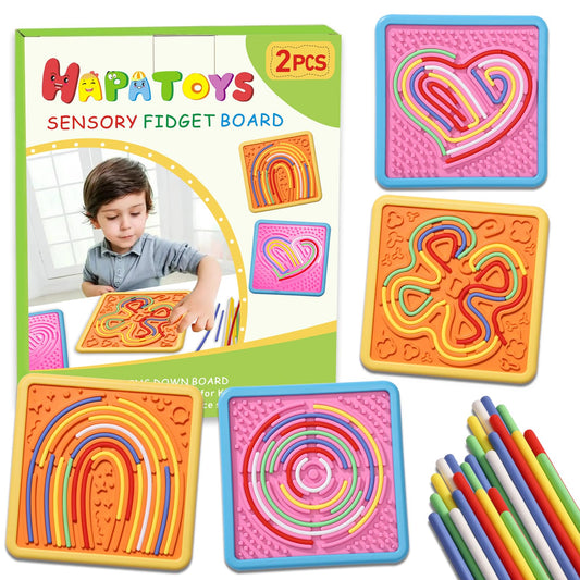 HAPATOYS sensory activity board front view with dual-texture surfaces for calm sensory play.
