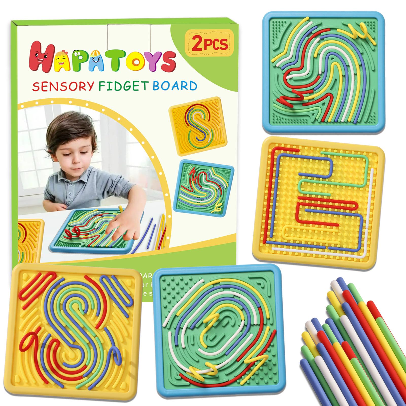 HAPATOYS sensory board front view; compact, portable fidget toy for calm on the go.