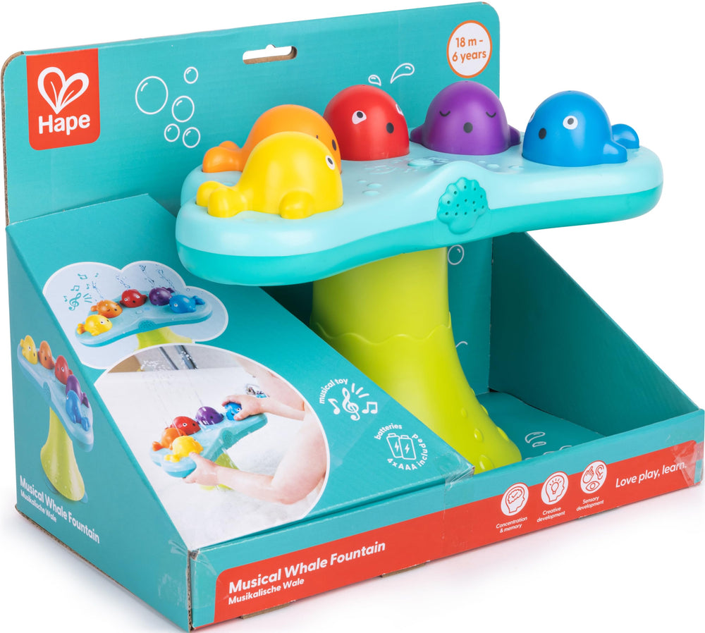 Hape bath time toy uses four AA batteries for musical water show.