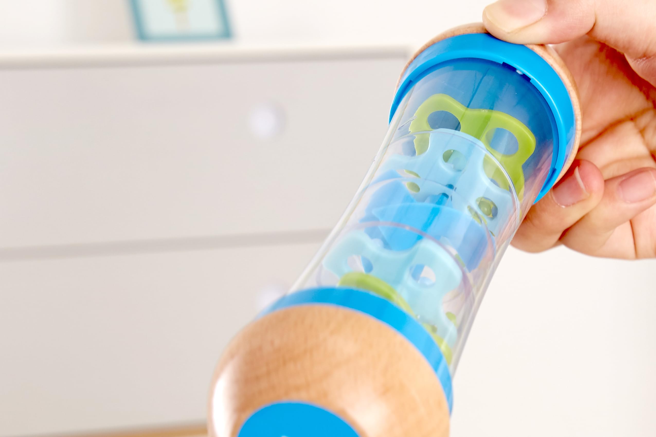 Hape rainmaker is ideal for babies from birth, offering safe, interactive sensory play.